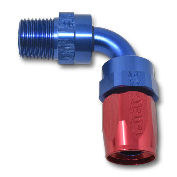 Russell Performance -8 AN Red/Blue 90 Degree Full Flow Swivel Pipe Thread Hose End (With 1/2in NPT) - 612110 - front view