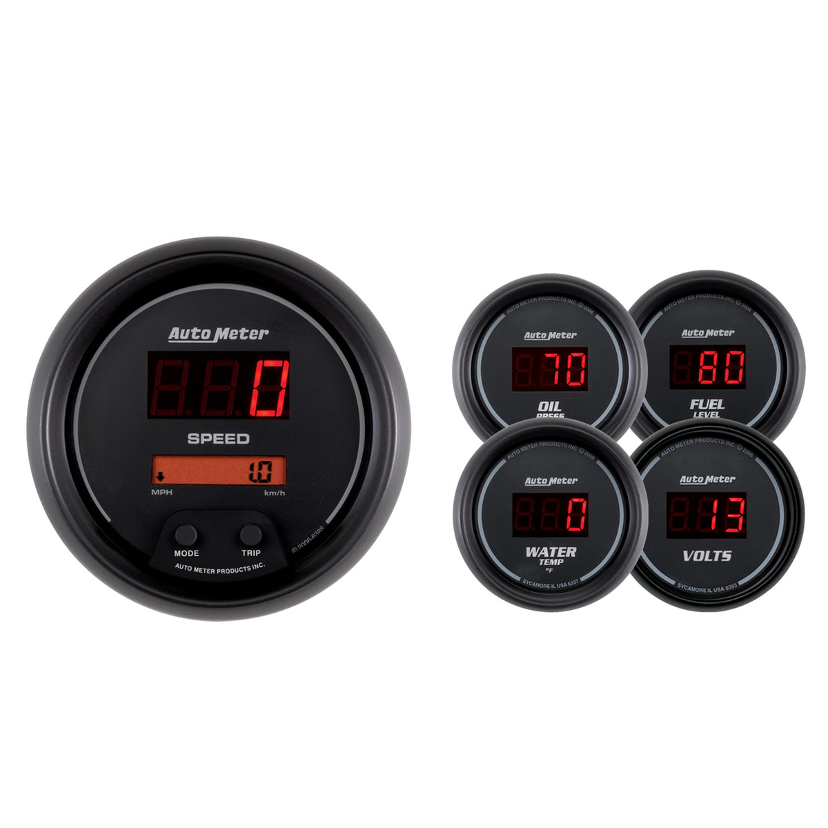 AutoMeter Gauge Kit 5 Pc. 3-3/8in. & 2-1/16in. Elec Speedo Digital Black Dial W/ Red Led - 6300