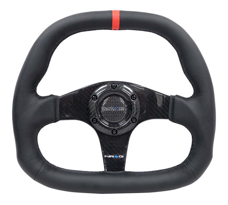 NRG Carbon Fiber Steering Wheel (320mm) Black CF Center w/Black Stitch Red Center Mark Flat Bottom - ST-019CF-R - front view