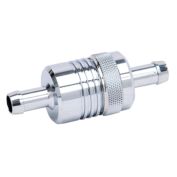 Russell Performance Chrome Street Fuel Filter (3in Length 1-1/8in diameter 3/8in inlet/outlet) - 645120 - front view