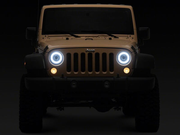Raxiom 18-26 Jeep Wrangler JL/ 20-26 Gladiator JT HiOutput LED Hlights/Angel Eye DRL-Blk-Clear Lens - J211421 - front view