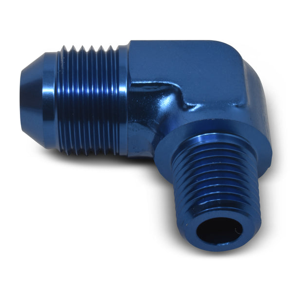 Russell Performance -8 AN to 1/4in NPT 90 Degree Flare to Pipe Adapter (Blue) - 660850 - front view