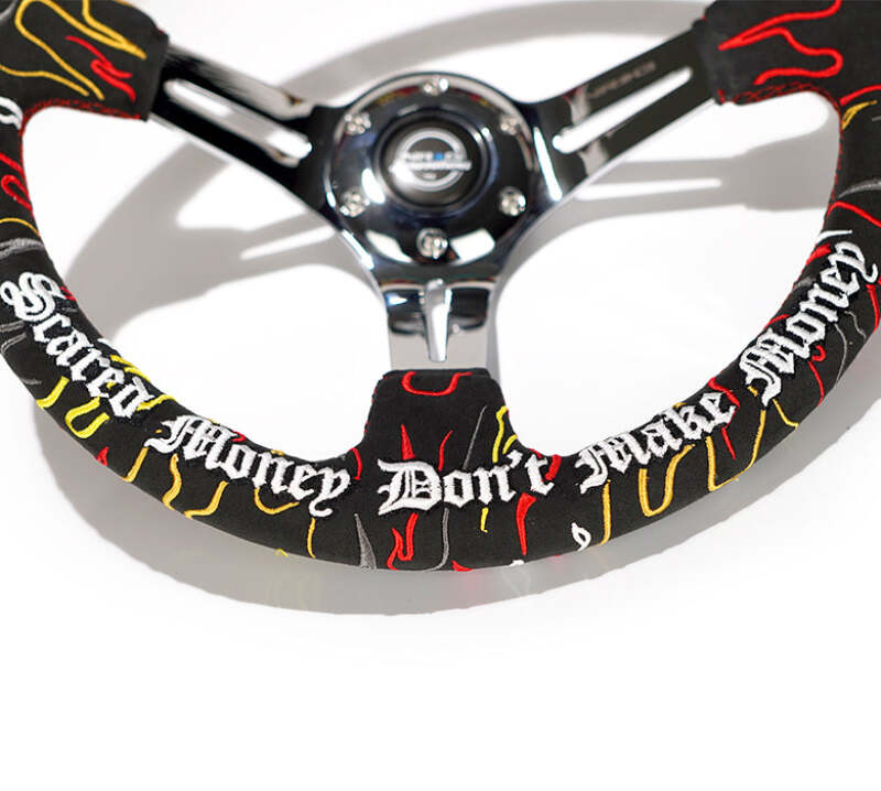 NRG Reinforced Steering Wheel R Litteral Sig 3in Deep/5mm Chrome Spoke - Blk Alcantara w/ Red Stitch - RST-018CH-RLB - close-up view 2