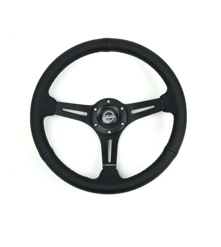 NRG Reinforced Perforated Leather Racing Steering Wheel 350mm / 2.5in Deep / 4mm Matte Black Spoke - RST-030PR-BK - front view