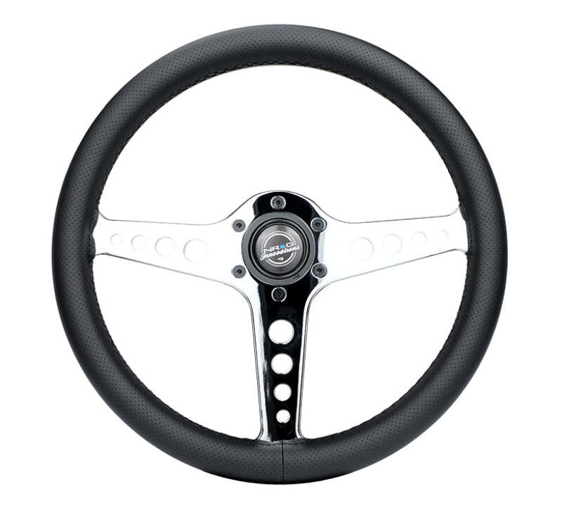 NRG Light Weight Gaming Steering Wheel - Driftz 350mm 3 Chrome Spokes Perforated Leather - ST-034CH-PR - front view