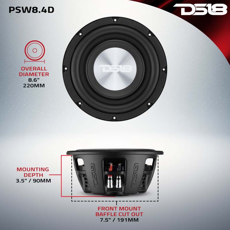 DS18 8 400 Watts RMS 4ohm DVC Shallow Mount - PSW8.4D - close-up view