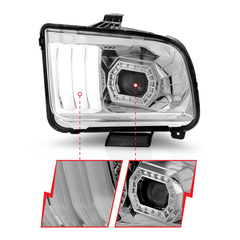 ANZO 05-09 Ford Mustang (w/Factory Halogen HL Only) Projector Headlights w/Light Bar Chrome Housing - 121567
