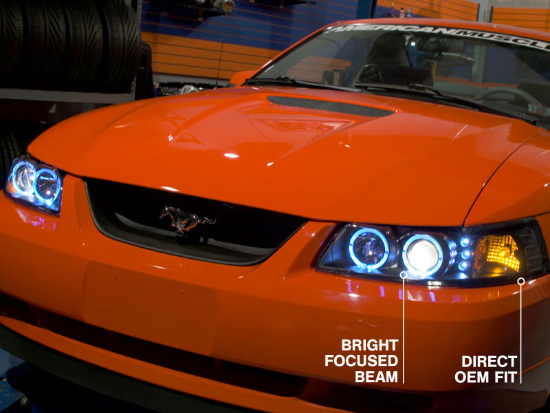 Raxiom 99-04 Ford Mustang Dual LED Halo Projector Headlights- Black Housing (Clear Lens) - 101684