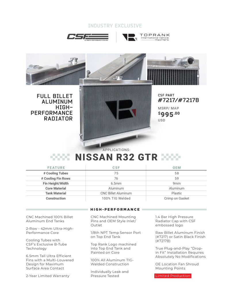 CSF R32 Nissan Skyline GT-R / GT-S Full Billet Aluminum High-Performance Radiator - Raw Finish - 7217