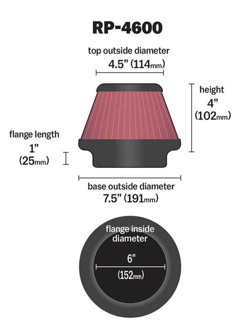 K&amp;N Universal Round Tapered Carbon Fiber Air Filter 6in Flg ID Centered/7.5in B OD/4.5in T OD/4in H - RP-4600