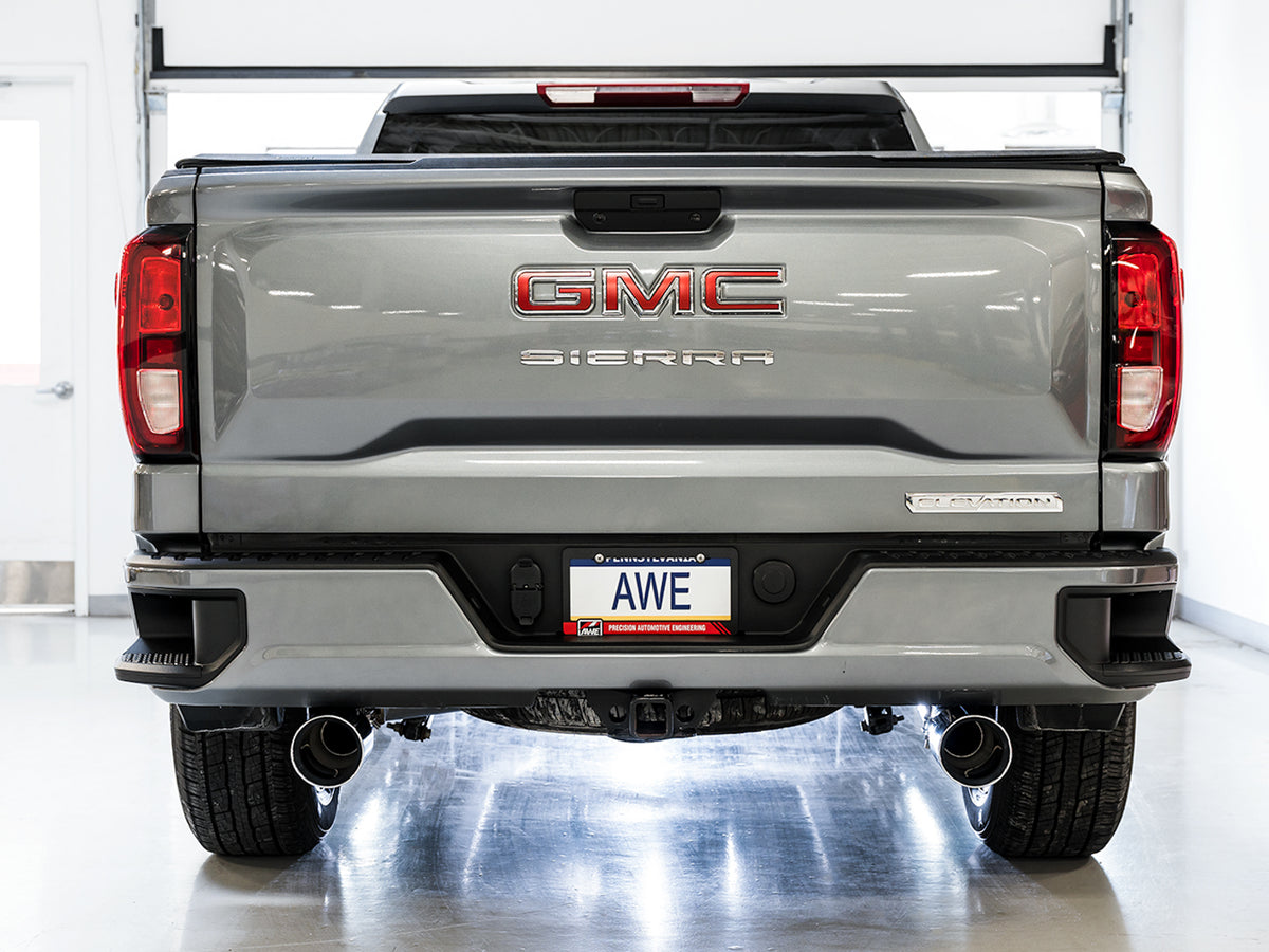 AWE Tuning 4th Gen GM 1500 5.3L 0FG Catback Split Rear Exit (Flat Bumper) - Quad Chrome Tips - 3015-32205