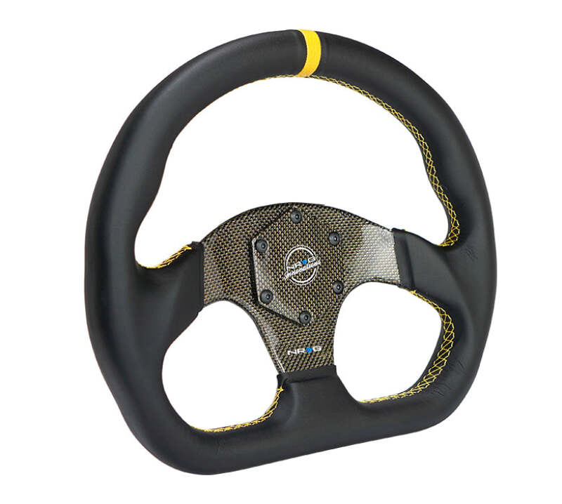 NRG Carbon Fiber Flat Bottom Steering Wheel (320mm) Yellow CF Center w/Yellow Stitch/Yellow Mark - RST-024CF/GD - front view