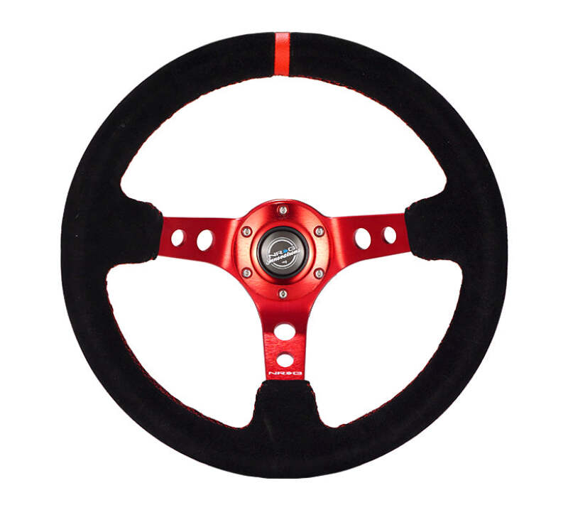 NRG Reinforced Steering Wheel (350mm / 3in. Deep) Blk Leather/Red Stitch w/Red Spoke - RST-006S-RD - front view