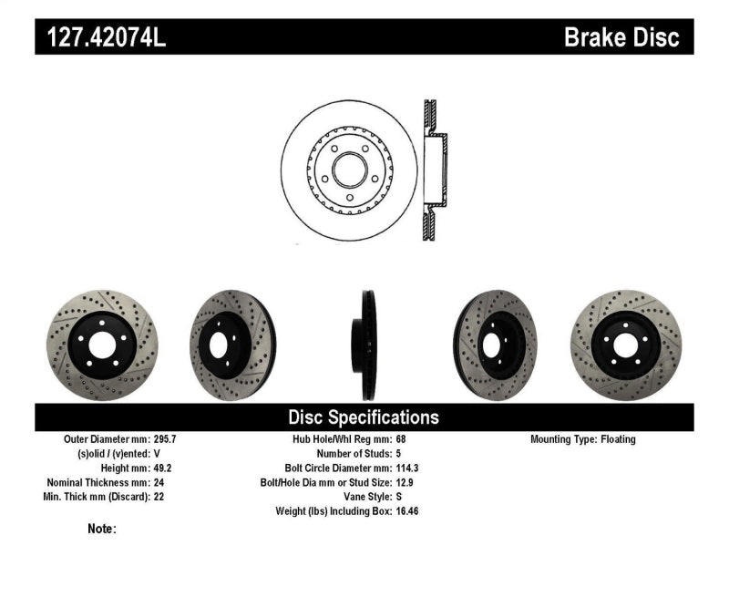 StopTech 1/02-05 Infiniti G35 (alloy disc) / 6/02-05 Nissan 350Z Slotted & Drilled Left Front Rotor - 127.42074L