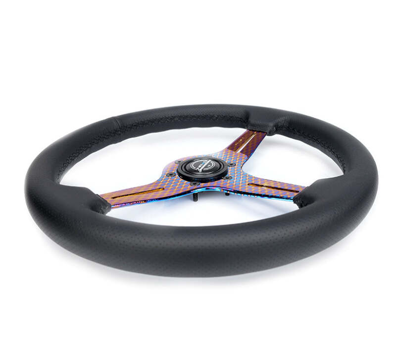 NRG Light Weight Gaming Steering Wheel - 350mm 3 NeoChrome Silver Spokes Perforated Leather - ST-018MC-PR - close-up view