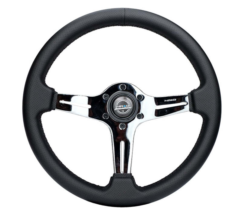 NRG Light Weight Gaming Steering Wheel - 350mm 3 Chrome Silver Spokes Perforated Leather - ST-018CH-PR - front view