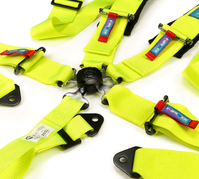 NRG SFI 16.1 5Pt 3 Inch Seat Belt Harness with Pads / Cam Lock - Neon Green - SBH-B6PCNG - close-up view 2 3 4