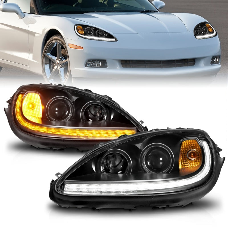ANZO 05-13 Chevrolet Corvette Projector Headlights w/switchback &amp; Sequential LED - Black Amber - 121571