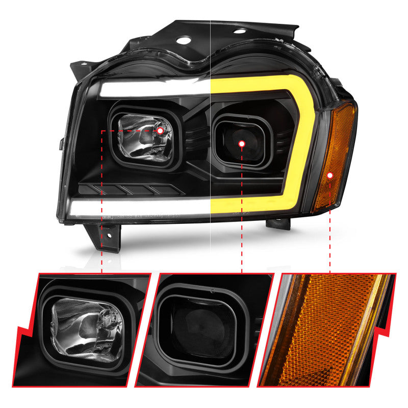 ANZO 2005-2007 Jeep Grand Cherokee Projector Headlights w/ Light Bar Switchback Black Housing - 111543