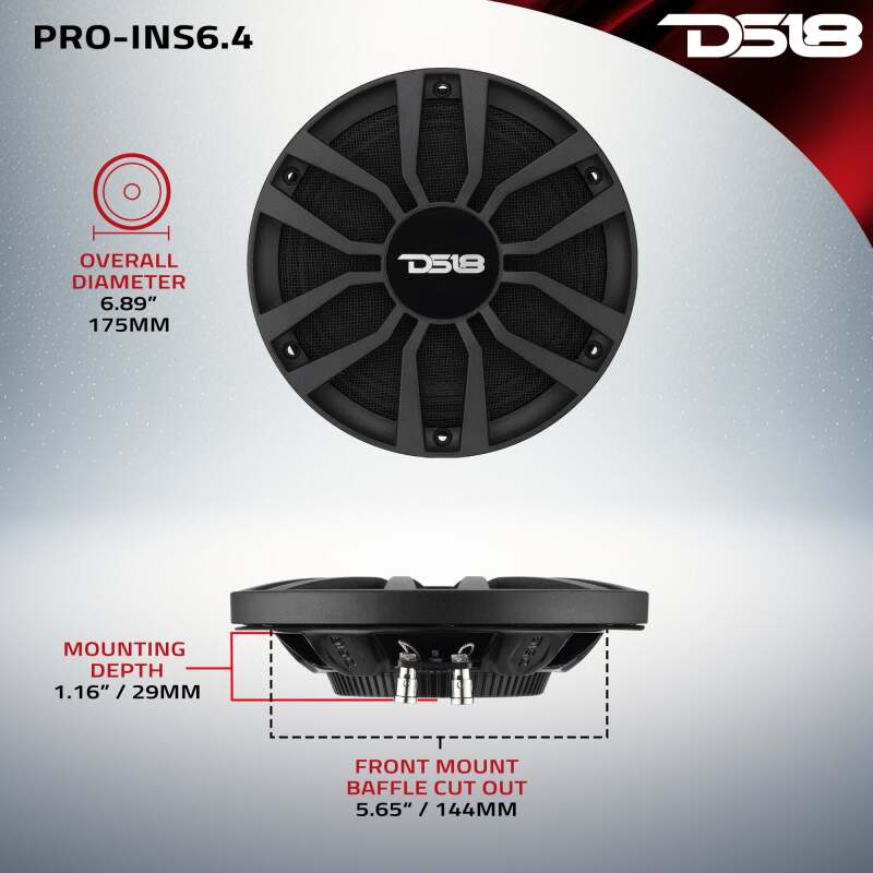 DS18 6.5in 120 Watts RMS 4ohm Neodymium Ultra Shallow Mid-Range Grille Included w/ Cloth Protection - PRO-INS6.4 - detail view