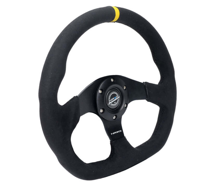 NRG Reinforced Steering Wheel (320mm) Sport Alcantara Flat Bottom w/ Yellow Center Mark - RST-024MB-SA-Y - close-up view 2
