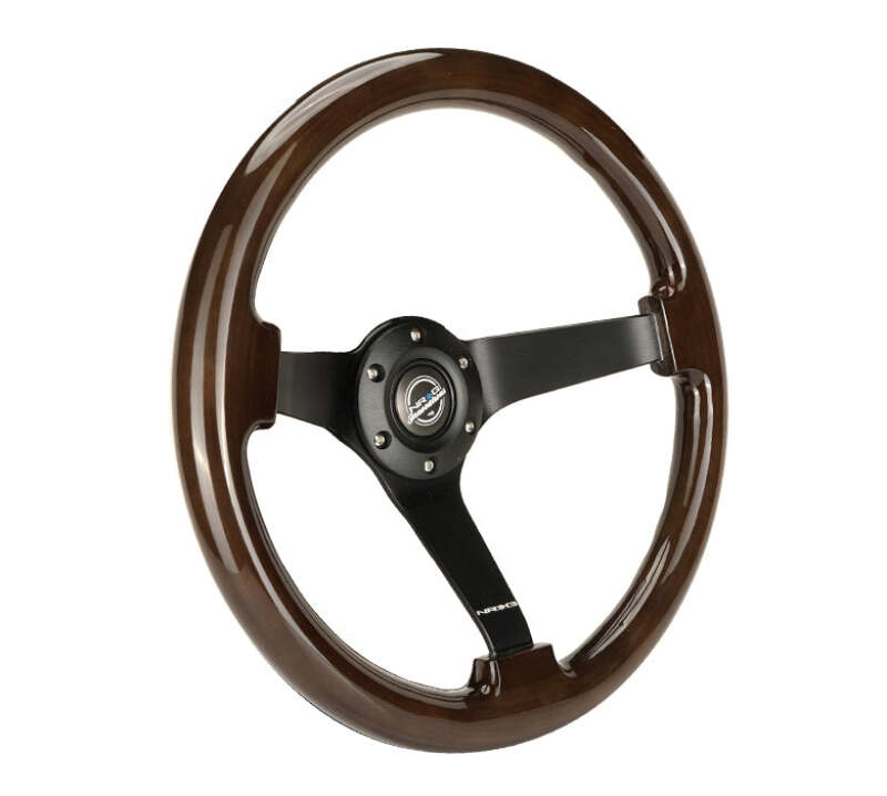 NRG Reinforced Steering Wheel (350mm) Dark Wood Grain - 3in Deep - Black 3-Spoke Center - RST-036BK-BKW - close-up view 2 3