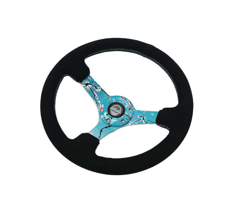 NRG Reinforced Suede Steering Wheel (350mm / 3in. Deep) Hydro Dipped Blossom Floral w/ Teal Stitch - RST-036BLOSSOM-S - close-up view 2 3