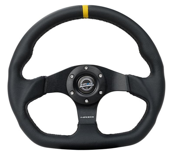 NRG Reinforced Steering Wheel (320mm) Sport Leather Dual Push Buttons Flat Bottom w/ Yellow Center - RST-024D-MB-R-Y - front view