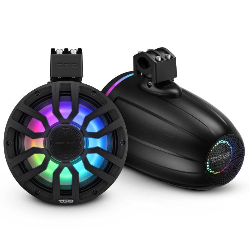 DS18 8in NXL-iQ Marine Tower Speaker with Digital LEDs Neodymium Magnet 1in Driver 350W 4Ohm Black - NXL-IQ8TPNEO/BK - front view