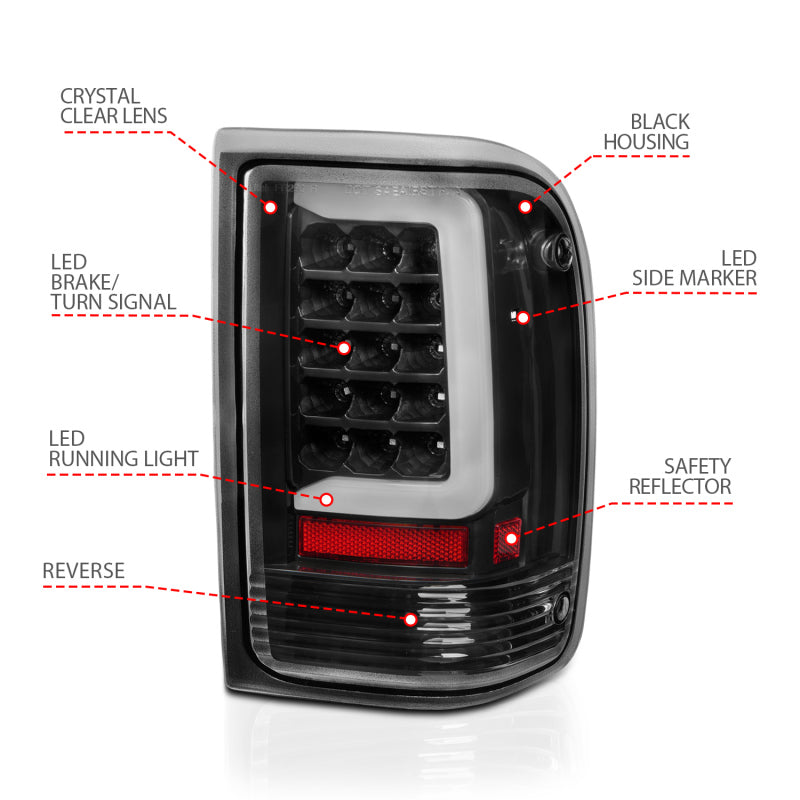 ANZO 1993-1997 Ford  Ranger LED Tail Lights w/ Light Bar Black Housing Clear Lens - 311359