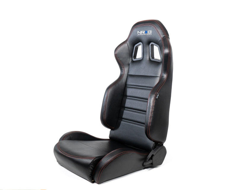 NRG Reclinable Racing Seats (Pair) Black Leather w/NRG Logo Red Stitch - RSC-208-1L/R - front view
