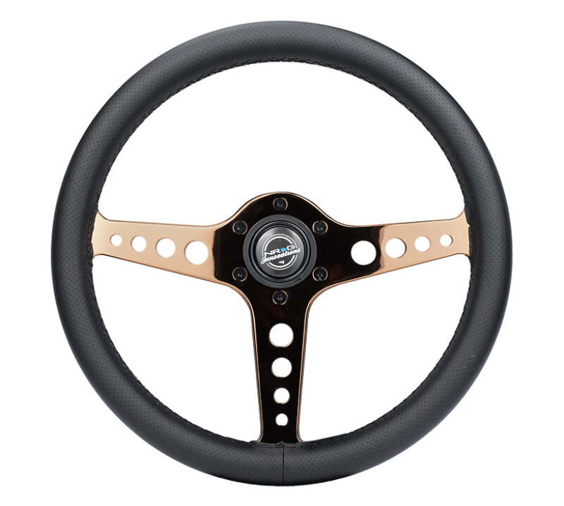 NRG Light Weight Gaming Steering Wheel - Driftz 350mm 3 Rose Gold Spokes Perforated Leather - ST-034RG-PR - front view