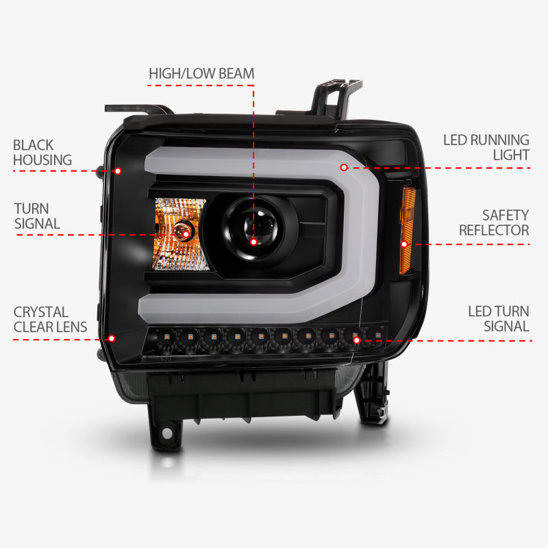 ANZO 2014-2015 GMC Sierra 1500 Projector Headlights w/ Light Bar Black Housing (Halogen Type) - 111513