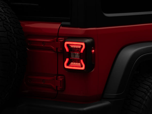 Raxiom 18-22 Jeep Wrangler JL LED Tail Lights- Black Housing - Red Lens - J132754-JL for 2018-2026 Jeep Wrangler - front view