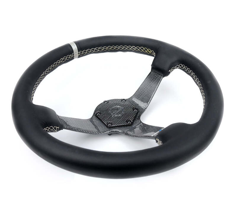 NRG Carbon Fiber Steering Wheel (350mm) Silver Carbon Fiber Center - Silver Stitching & Center Mark - RST-036CF-SL - close-up view 2