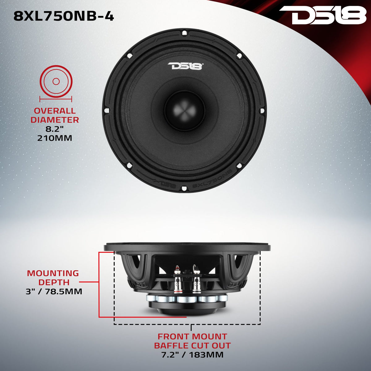DS18 8in 375 Watts RMS 4-Ohm Midrange Loudspeakers w/ Neodymium Rings & Aluminum Bullet - 8XL750NB-4 - additional view 1