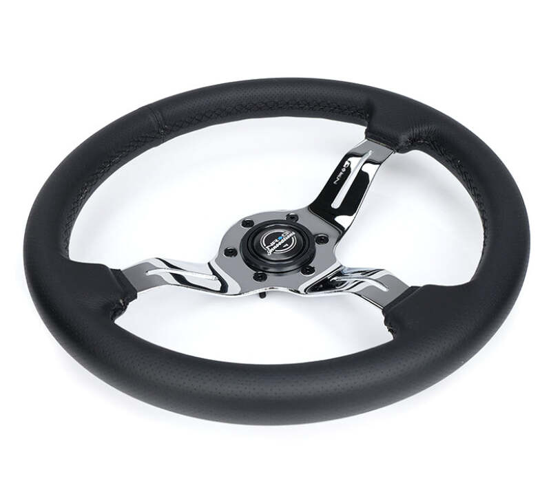 NRG Light Weight Gaming Steering Wheel - Splitz Chrome Silver Spokes Perforated Leather - ST-010CH-PR - close-up view 2