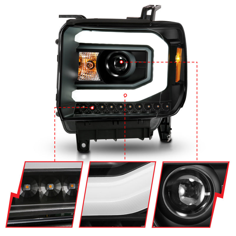ANZO 2014-2015 GMC Sierra 1500 Projector Headlights w/ Light Bar Black Housing (Halogen Type) - 111513