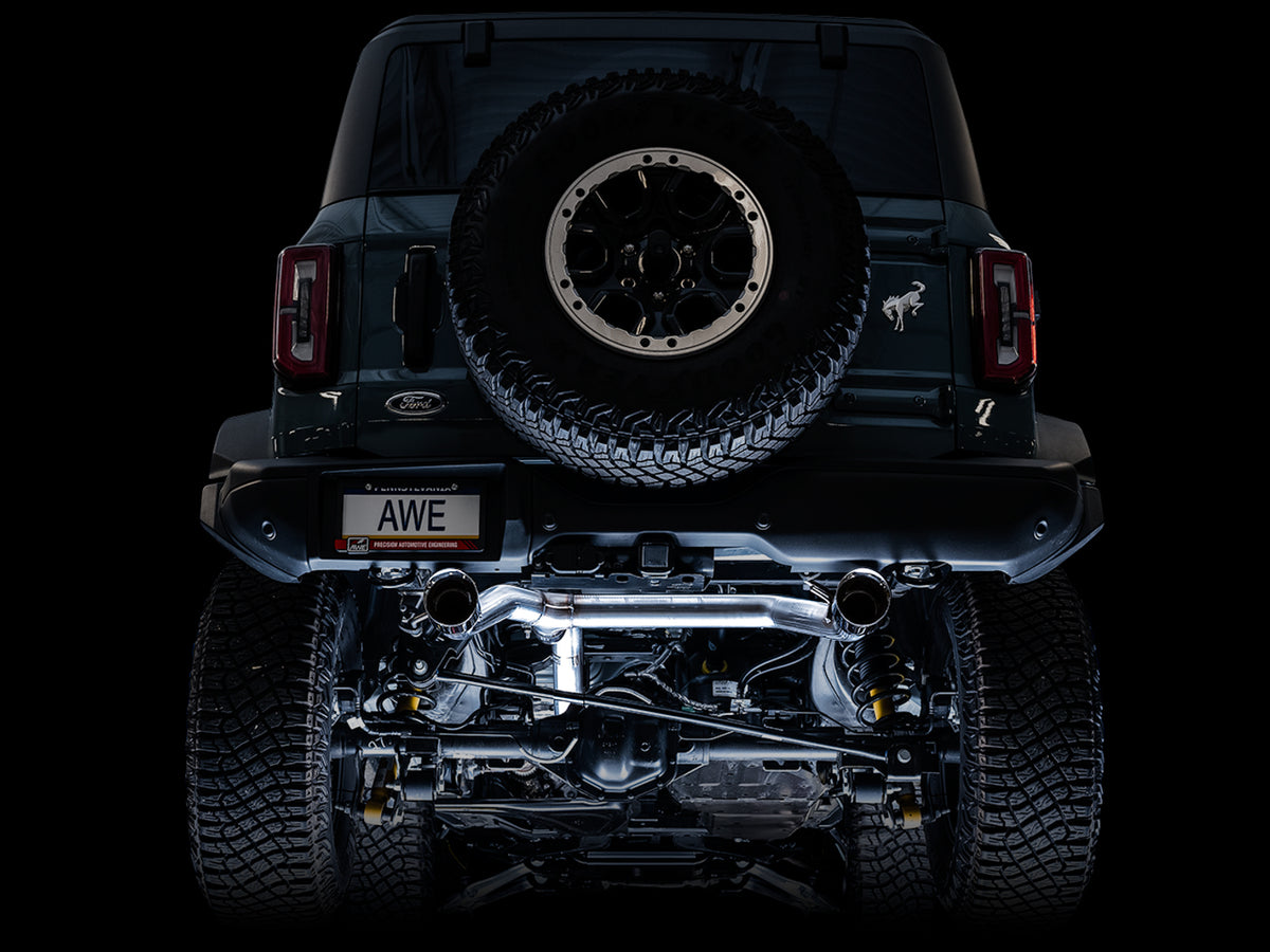 AWE Tuning 2021+ Ford Bronco 0FG Dual Rear Exit Exhaust w/Chrome Silver Tips & Bash Guard - 3015-32456