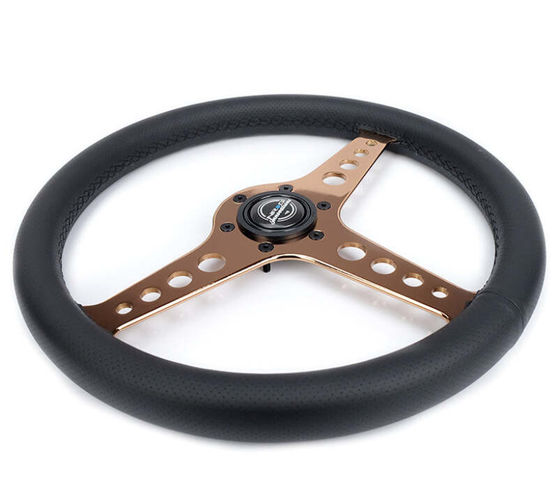 NRG Light Weight Gaming Steering Wheel - Driftz 350mm 3 Rose Gold Spokes Perforated Leather - ST-034RG-PR - close-up view