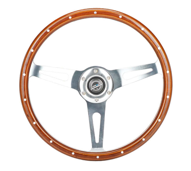 NRG Reinforced Steering Wheel (360mm) Dark Wood Grain w/Chrome 3-Spoke Center - RST-363SL - front view