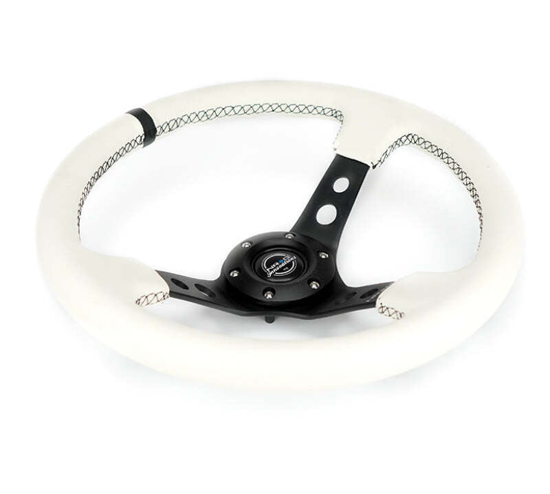 NRG Reinforced Steering Wheel (350mm/3in. Deep) White Leather w/Blk Spoke/Round Holes/White Stripes - RST-006BK-WT-B - close-up view 2 3 4 5