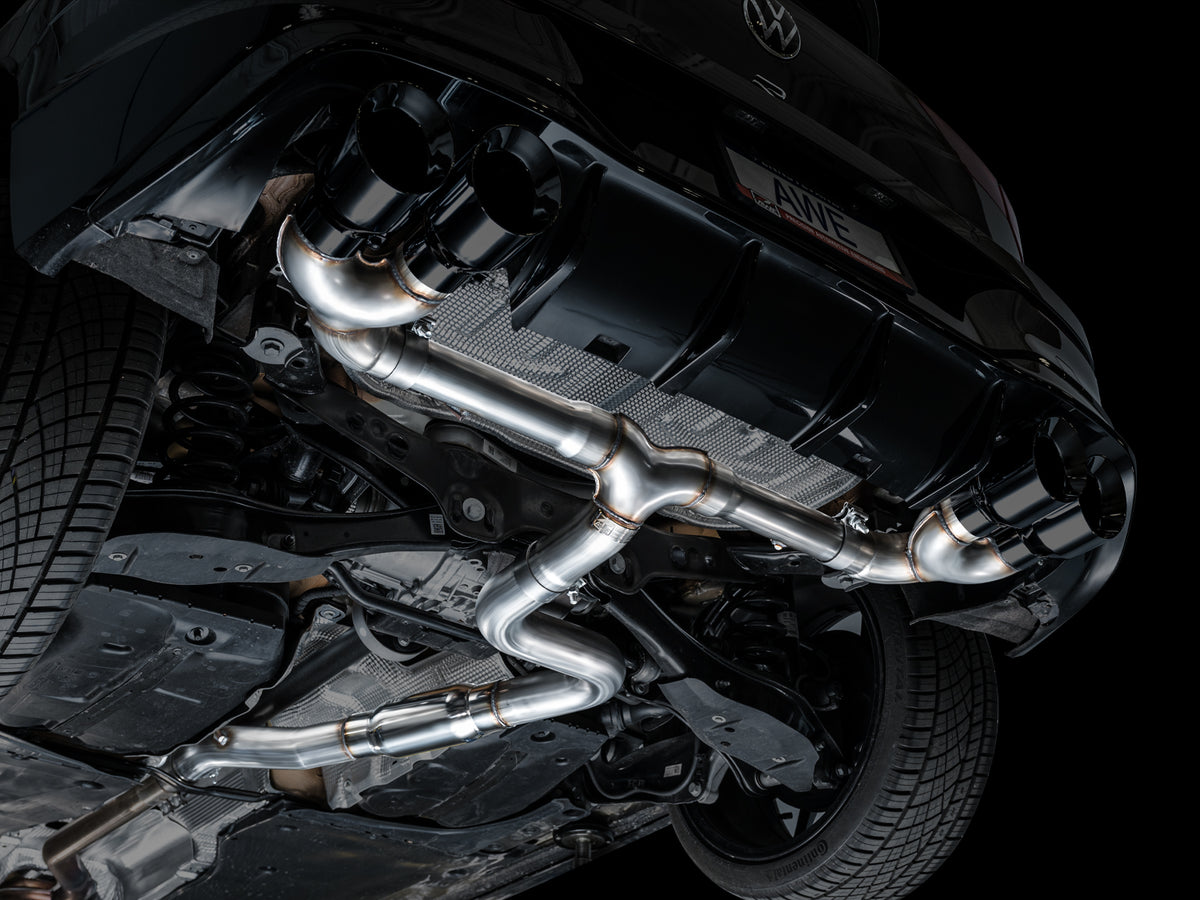 AWE MK8 Volkswagen Golf R 3in Track Edition Quad Exhaust - Diamond Black Tips - 3020-43658
