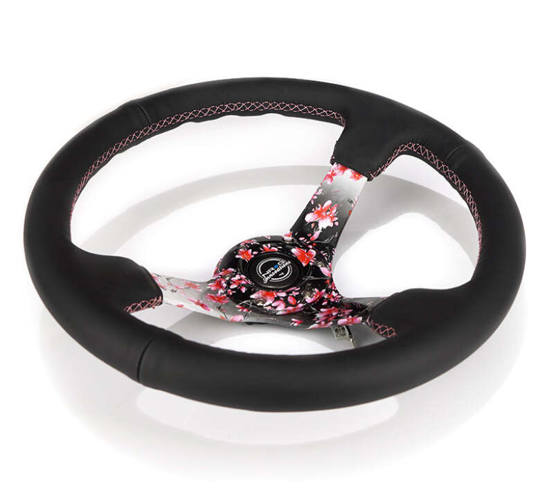 NRG Reinforced Steering Wheel (350mm/3in.) Hydro Dipped Sakura Floral w/ Pink Suede Black Stitch - RST-036SAK-R - close-up view 2