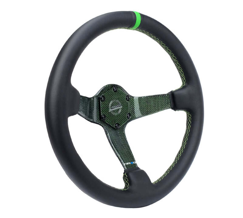 NRG Reinforced Steering Wheel (350mm) Green Carbon Fiber Center - Green Stitching & Center Mark - RST-036CF-GN - close-up view