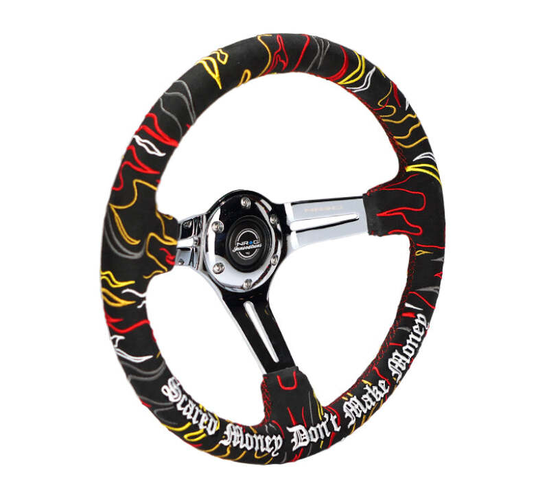 NRG Reinforced Steering Wheel R Litteral Sig 3in Deep/5mm Chrome Spoke - Blk Alcantara w/ Red Stitch - RST-018CH-RLB - close-up view 2 3