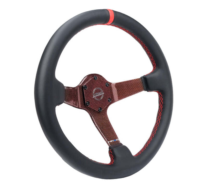 NRG Carbon Fiber Steering Wheel 350mm 3in Deep Red Carbon Fiber Red Stiching Red Center Mark Leather - RST-036CF-RD - close-up view 2