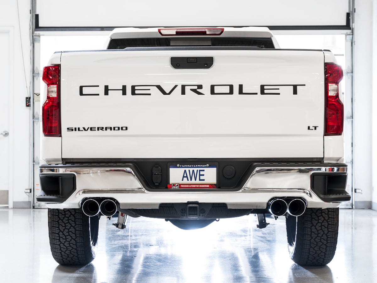 AWE Tuning 4th Gen GM 1500 5.3L 0FG Catback Split Rear Exit (w/ Bumper Cutouts) - Quad Chrome Tips - 3015-42201