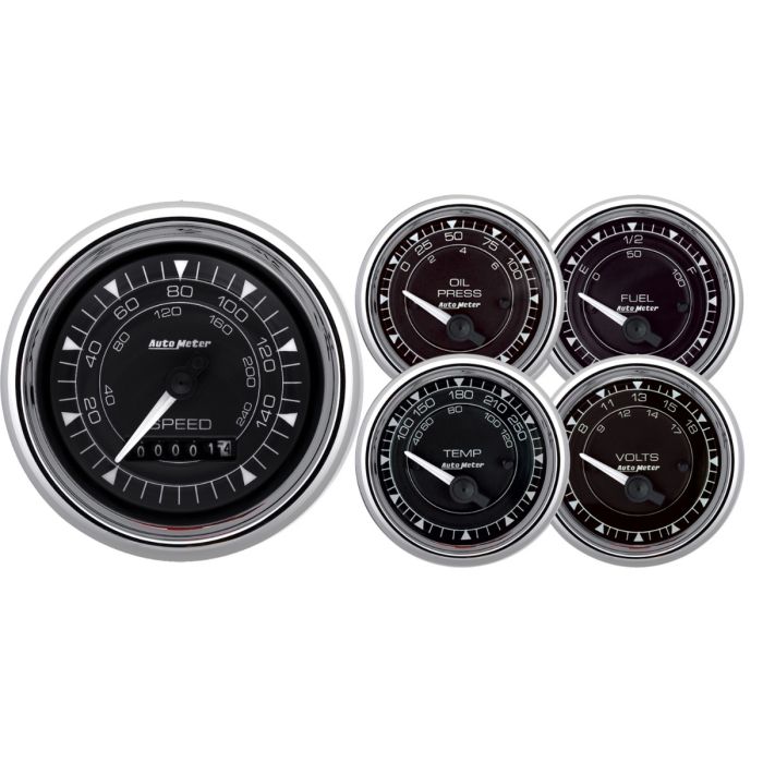 AutoMeter Chrono 3-3/8in & 2-1/16in Gauge Kit (5pc) w/Electric Speedometer - Chrome - 9708