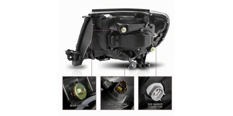 Raxiom 05-11 Toyota Tacoma Axial Series Switchback Projector Headlights- Black Housing- Clear Lens - TT23361 - close-up view